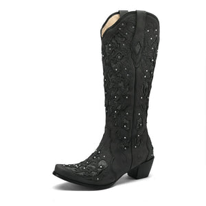 Women rhinestone flower hollow chunky heel knee high boots