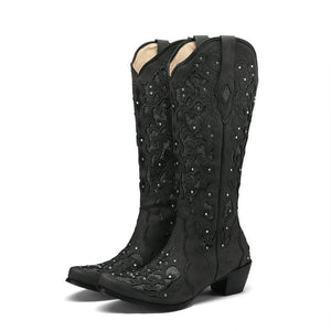 Women rhinestone flower hollow chunky heel knee high boots