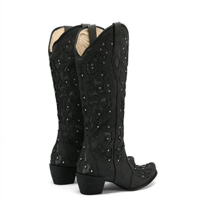 Women rhinestone flower hollow chunky heel knee high boots