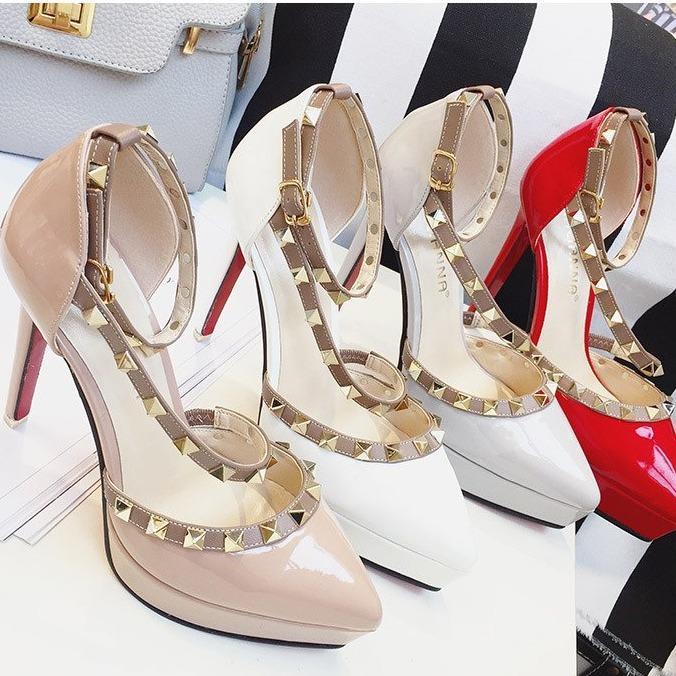 Women studded prom sexy ankle strap stiletto platform heels