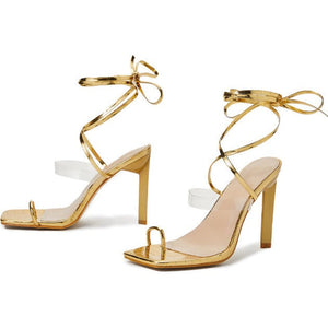 Women stiletto square ring toe slingback strappy lace up heels