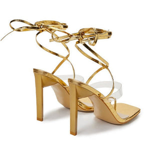 Women stiletto square ring toe slingback strappy lace up heels