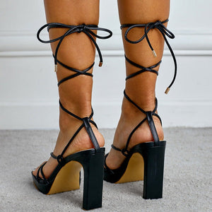 Women platform open toe strappy lace up chunky heels