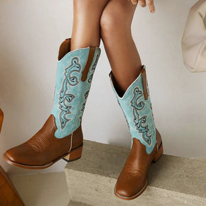 Women fall winter color block embroidered mid calf cowboy boots