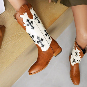 Women color block embroidered chunky heel mid calf boots