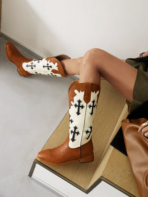 Women color block embroidered chunky heel mid calf boots