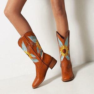 Women mid calf chunky heel embroidered flower brown boots