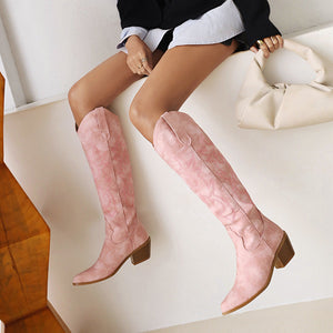 Women cowgirl boots | Knee high v cut chunky heel embroidery western boots
