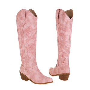 Women cowgirl boots | Knee high v cut chunky heel embroidery western boots