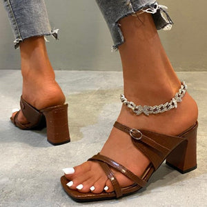 Women square toe buckle strap hollow slide chunky heels