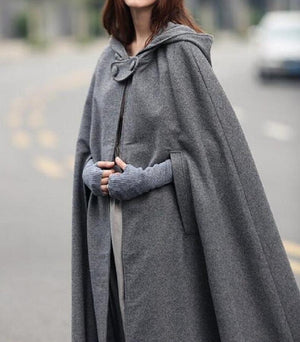 Women hooded cape solid color long duster coat