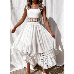 White lace panel sleevesless A-line large swing maxi dress | Summer party dress