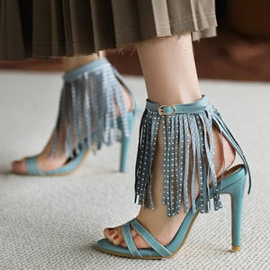 Women buckle strap fringe peep toe stiletto heels