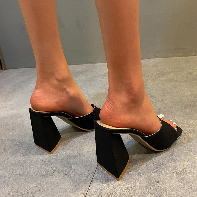 Women square peep toe slide triangle chunky heels