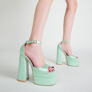 Women platform square peep toe side holow buckle strap chunky heels