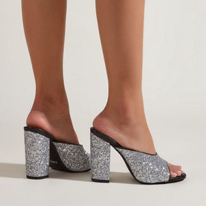 Women glitter pointed peep toe slide chunky high heels