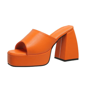 Women solid color square peep toe chunky slide platform heels