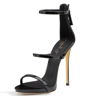 Women open toe solid patent leather stiletto ankle strap heels