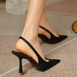 Women stiletto closed toe hollow breathable slip on high black heels