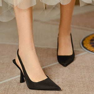 Women stiletto closed toe hollow breathable slip on high black heels