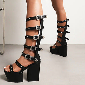 Women peep toe studded buckle strap hollow chunky platform heels