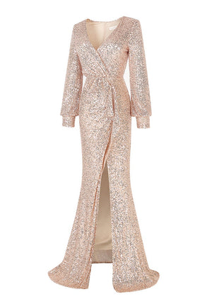 Sexy premium sequins v neck long sleeves high split maxi dress | Luxury evening gown cocktail party dress