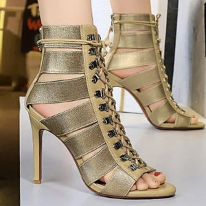 Women peep toe hollow crisscross lace up stiletto heels