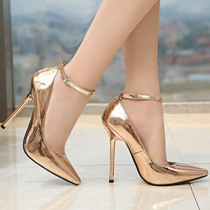 Women fashion mirror pointed toe buckle strap stiletto heels