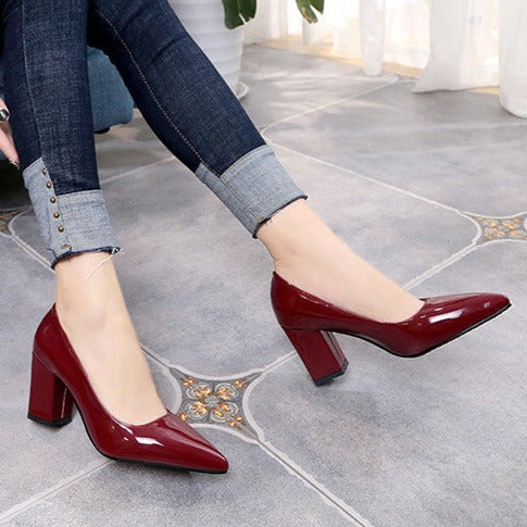 Women solid color pointed toe slip on chunky heels