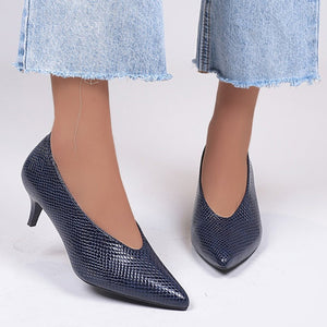 Women snakeskin print pointed toe slip on work comfortable heels