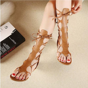 Women clip toe hollow gladiator strappy flat lace up sandals