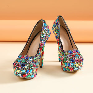 Women wedding colorful rhinestone chunky high slip on platform heels