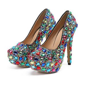 Women wedding colorful rhinestone chunky high slip on platform heels