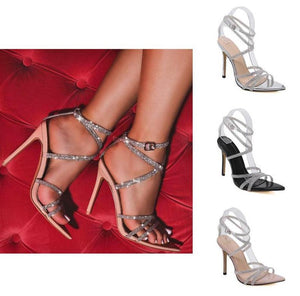 Women open toe clear ankle strap sparkly rhinestone sitletto strappy heels