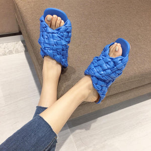 Women peep toe flat criss cross woven strap slide sandals