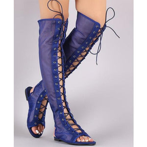 Women sequin knee high slingback peep toe lace up flat sandals