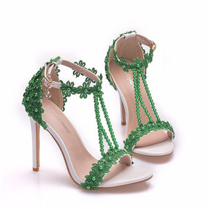 Peep toe one band ankle strap stiletto wedding heels with pearls strap