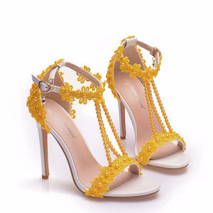 Peep toe one band ankle strap stiletto wedding heels with pearls strap