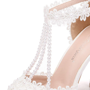 Peep toe one band ankle strap stiletto wedding heels with pearls strap