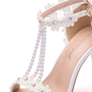 Peep toe one band ankle strap stiletto wedding heels with pearls strap