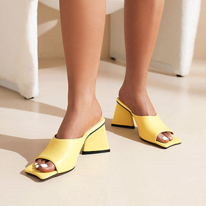 Women solid color square peep toe slip on triangle chunky heels