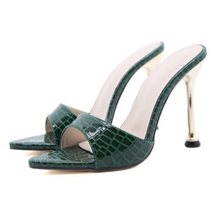 Women pointed peep toe snakeskin summer slide metal stiletto heels
