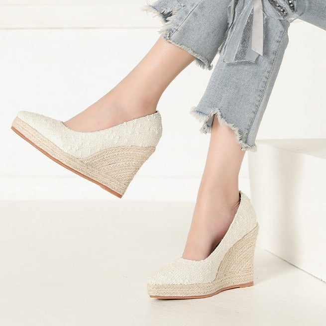 Women wedge heels pointed toe espadrille platform pumps