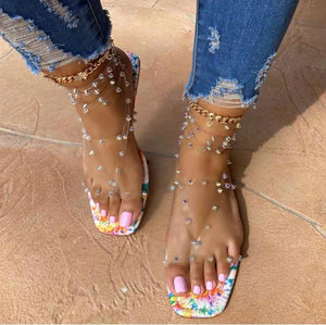 Women studded flat clip toe criss cross clear strappy sandals