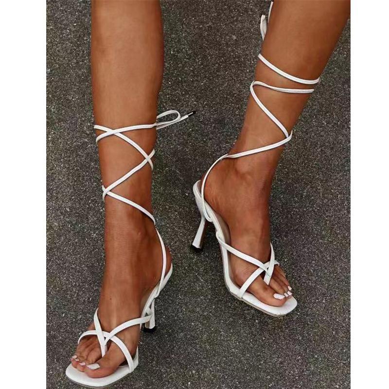 Women stiletto square clip toe lace up strappy heels