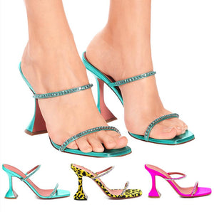 Women summer sparkly rhinestone two strap slide chunky prom heels