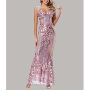 Lady's elegant premium sequins v neck mermaid maxi dress | Bodycon fishtail long dress banquet party evening gowns