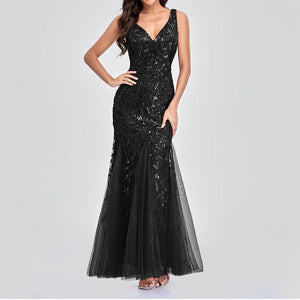 Sexy v neck sequins mesh patchwork fishtail maxi dress | Sleeveless mermaid dress bridesmaid evening gowns