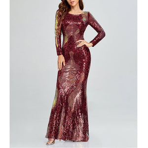 Sexy backless premium sequins mermaid long dress | Long sleeves banquet cocktail party dress evening gowns