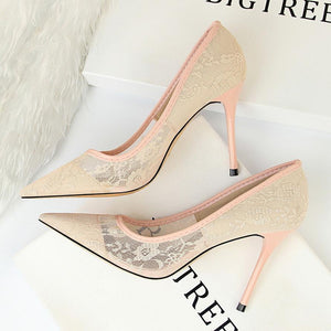 Women pointed closed toe flower lace stiletto high heels